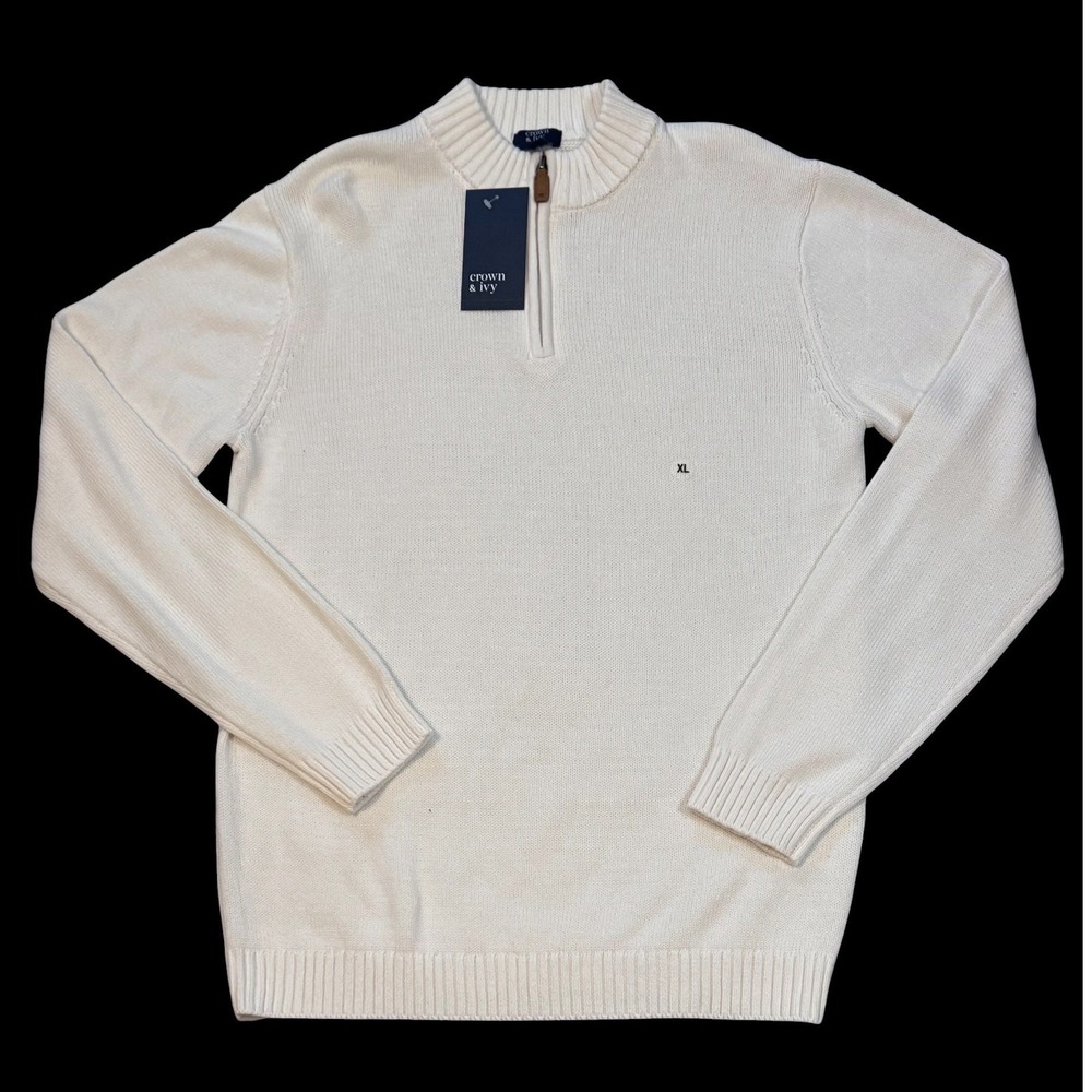 Crown & Ivy Mens XL Quarter Zip Sweater Ivory Dish Cotton Blend NWT